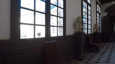 Walking hallway of windows to closeup of statue face Stock Footage 92546432
