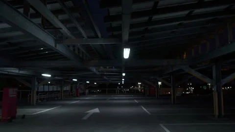 Walking handheld shot through a dark empty carpark with cool lighting Stock Footage 308252206