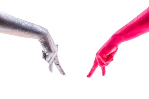 Walking hands towards one to one. Fingers like legs, concept of meeting Stock Photos