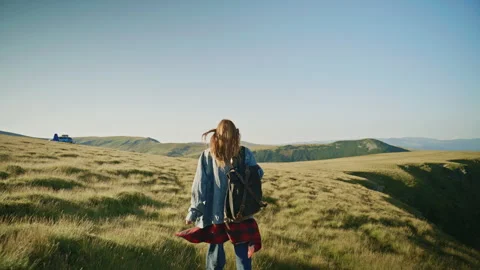 Walking on a hillside with a dog during a clear day in the countryside Stock Footage 345635904