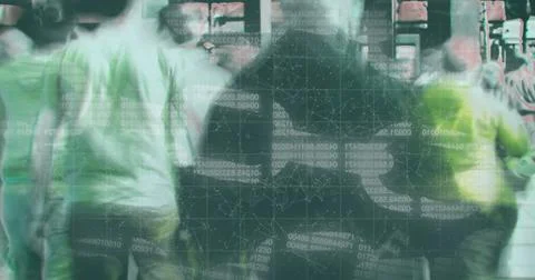Walking hooded figure navigating corridor with alphanumeric codes, nodes and Stock Photos