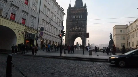 Walking hyperlapse point of view passing by Charles bridge in Prague Stock Footage 126261336
