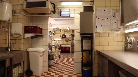 Walking Inside The Kitchen Of An Empty Bakery With Baking Tools And Stock Footage 144373720
