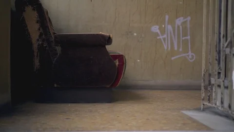 Walking inside a long dark hallway of old apartment building Stock Footage 72185888