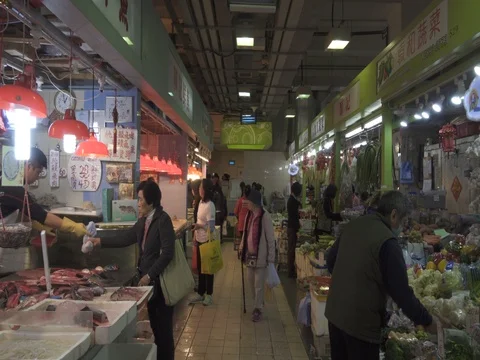 Walking inside Wan Chai Market in Hong Kong Stock Footage 72584664