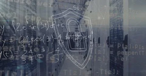 Walking IT technician navigating server rack corridor with floating code and Foto stock