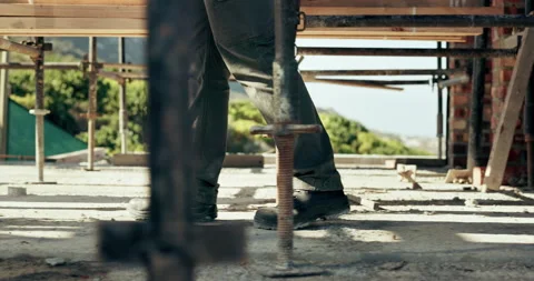 Walking, legs or worker by scaffolding at construction site, infrastructure Stock Footage 336227716