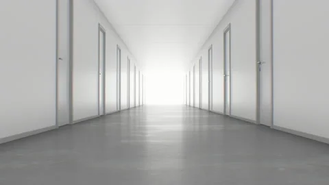 Walking to the Light Through the Endless Corridor with Closed Doors. Looped 3d Видео 104815342