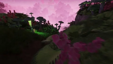 Walking in a Magic Forest Bright Mushrooms, Lantern, Plants, Bright Butterfl Stock Footage 221622526