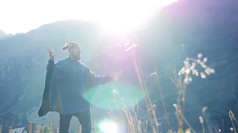 Walking man doing mediation recreation activity outdoors at sunset sky Stock Footage 64800890