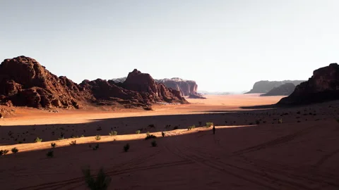Walking in Marsian desert, bubble camp in background, Wadi Rum, Jordan - 05 Video stock 259376298