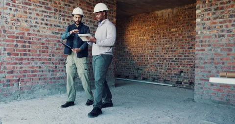 Walking, meeting or men with tablet at construction site, renovation ideas or Stock Footage 336778272