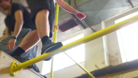 Walking on the Metal Bar High Up Stock Footage 70535290