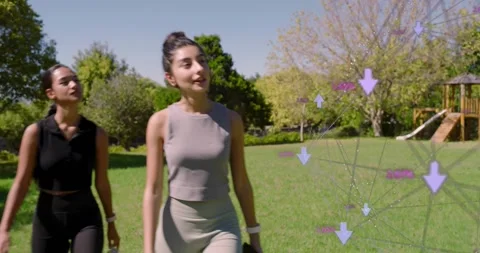 Walking motion initiating health data overlay while two women hydrating with Stock Footage 320125663