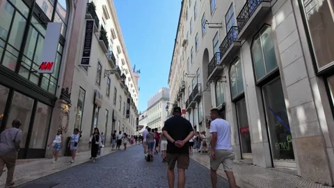 Walking Near Santa Justa Elevator in Historic Lisbon Portugal Stock Footage 345414084