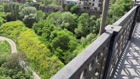 Walking next to bridge edge, above the road and lush green trees Stock Footage 277077731