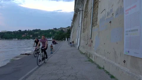 Walking next to former salt warehouse in Portoroz, Slovenia Stock Footage 156882251