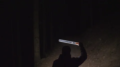 Walking at night in dark forest with LED flashlight - slow motion Stock Footage 118504007