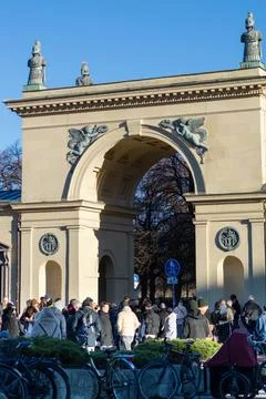 Walking on Odeonsplatz square in sunny day Stock Photos