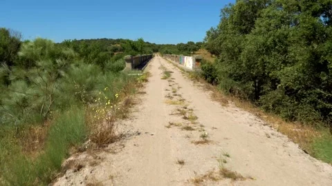 Walking on old railroad converted into a path with bridge Stock Footage