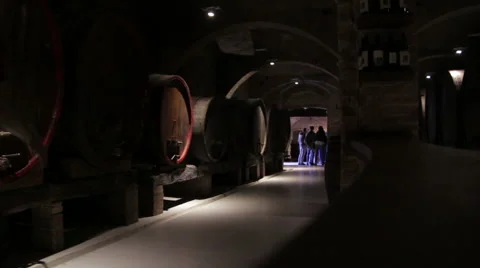 Walking in an old wine cellar with oak barrels Stock Footage 50023899