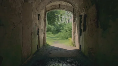 Walking out from the vault to the green forest. Bunker door, exit. Stock Footage 155658710