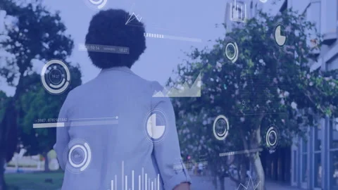Walking outdoors, person surrounded by data visualization animation Stock Footage 310821385