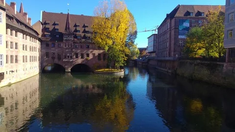 Walking over a bridge over a river in nuremberg germany 動画素材 81147808