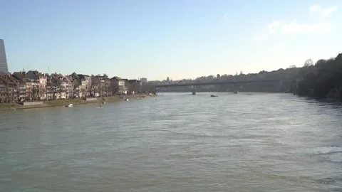 Walking over a bridge with view on Rhine river in Basel Switzerland Stock Footage 263816289