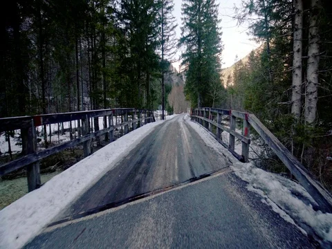 Walking over a cinematic bridge in a forest Stock Footage 85066435