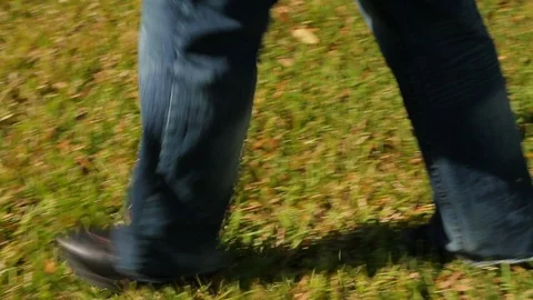 Walking over grass and leaves. View of tennis shoes pan A Vídeo Stock 106833368
