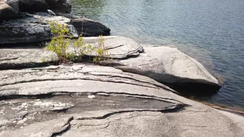 Walking Over Northern Glazier Patterned Rock Along Shoreline On Wilderness Lake Stock Footage 200650439