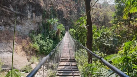Walking over a swinging bridge in central america Stock Footage 291897443