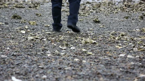 Walking on oyser shells and pebbles Stock Footage 53366104
