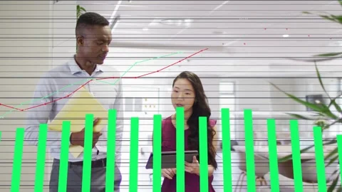 Walking pair reviewing tablet, with yellow folder in office, data overlay, Stock Footage 332882006