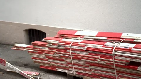 Walking past a construction site with blocking wood and planks Stock Footage 263646320