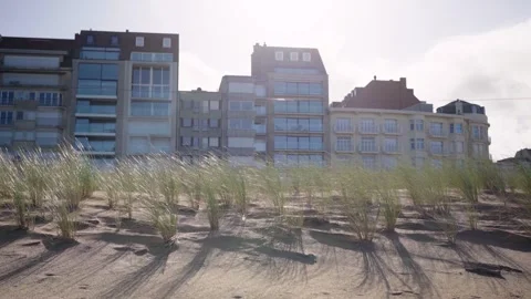 Walking past sand dune with grass and beach front houses in Knokke Belgium Stock Footage 329670801