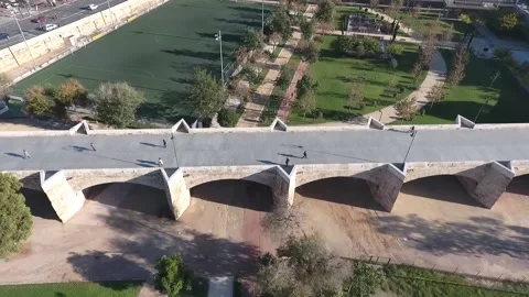Walking Path and People Walking in Spain. Aerial View of Valencia City. Stock Footage 150866364