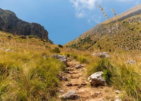 A walking path between the hills Stock Photos