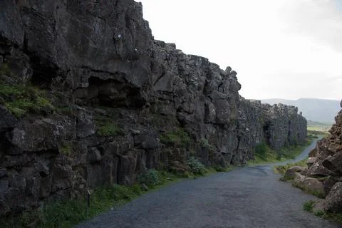 Walking path between tectonic plates at Thingvellir National Park, Iceland Stock Photos