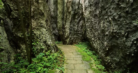Walking at path in canyon of the Shilin Stone Forest in Kunming Видео 329474026