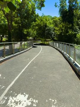 Walking path curves through green trees under clear sky in park during daytim Stock Photos