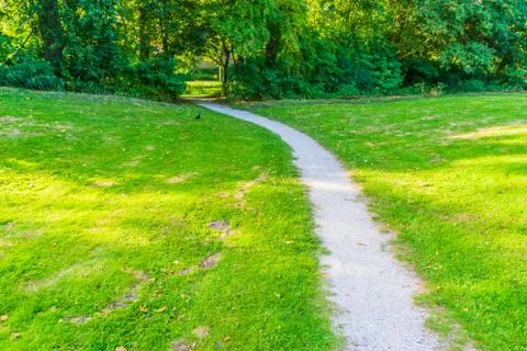 Walking path with grass and trees park landscape Stock Photos