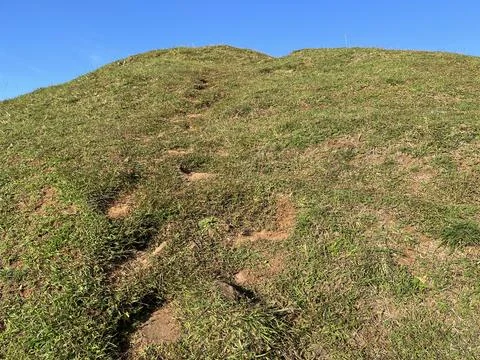 Walking path on the hill with grass and blue sky Stock Photos