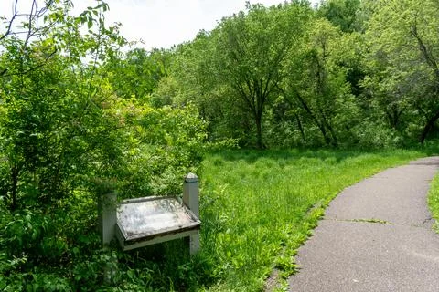 A walking path to the horizon in a local state park surrounded by lush greenery. Stock Photos