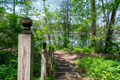 A walking path to the horizon in a local state park surrounded by lush greenery. Stock Photos