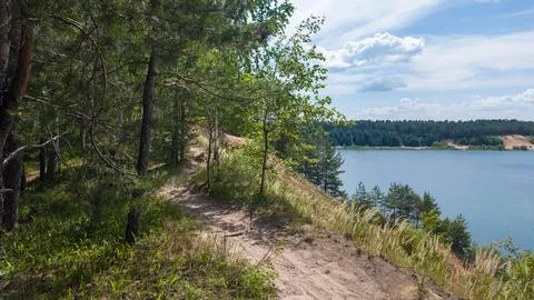 Walking path by the lake with trees and sunlight shining Fotos Stock
