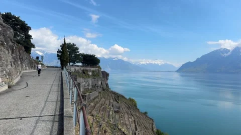 Walking Path in Lavaux Vineyards Overlooking Lake Geneva and Alps Switzerland Stock-Footage 332889925