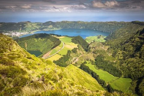 Walking path leading to a view on the lakes of Sete Cidades, Azores, Portugal Stock Photos