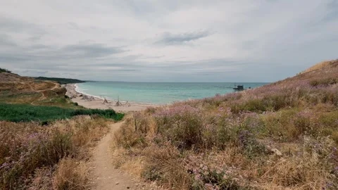 Walking path leads to the beach with ocean view and landscape in the background Stock Footage 343375547